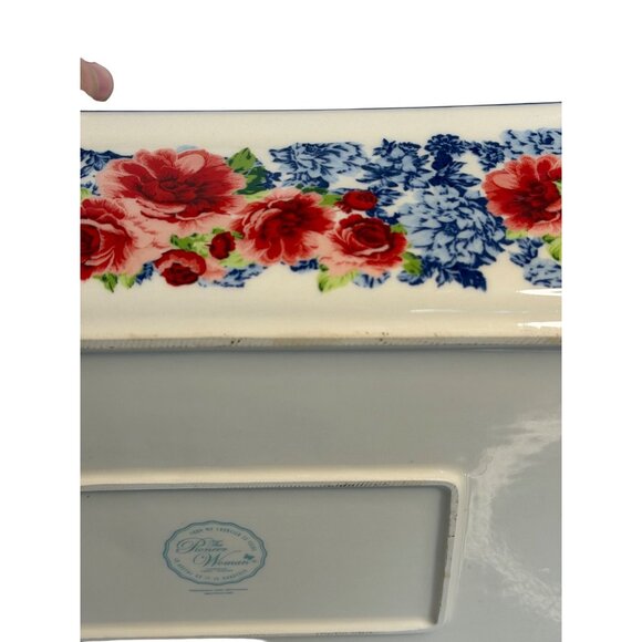 Pioneer Woman Rectangular Ceramic Baking Dish W/ Handles 13x9 Inches Rose Design - Picture 6 of 9